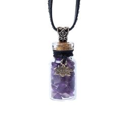 Ciondolo Bottiglietta in vetro con cordoncino ametista e loto
